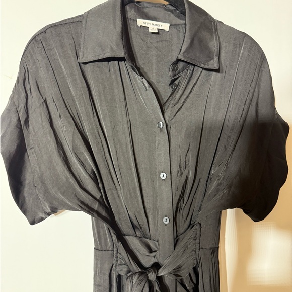 Steve Madden Black Tori Ruched Tie Front Midi Shirt Dress size 4 - Picture 6 of 7